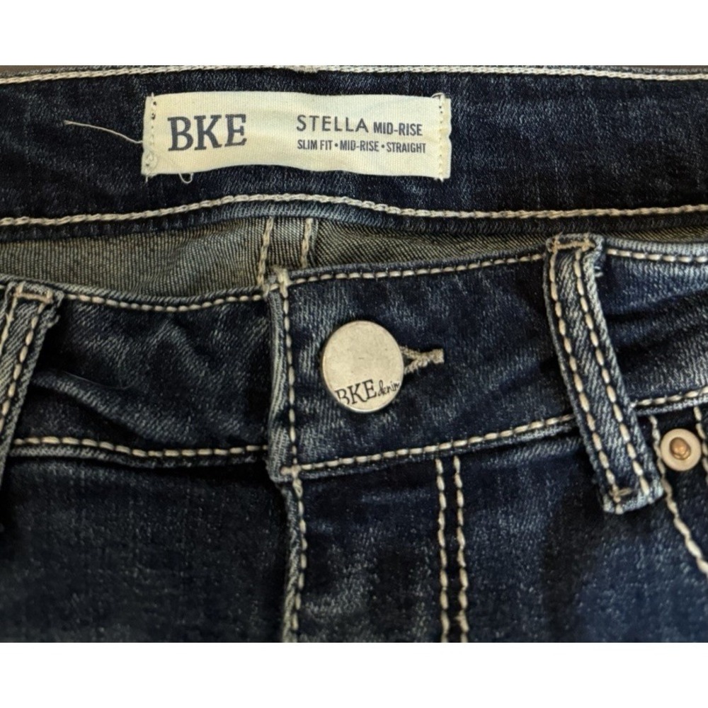 BKE Stella Jeans Womens 29X31.5  Dark Blue Mid Rise Slim Straight Leg Distressed - Picture 3 of 15